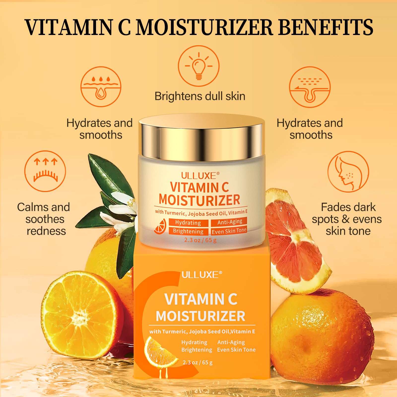 ulluxe vitamin c face moisturizer jar closeup showing creamy texture for smooth hydration.