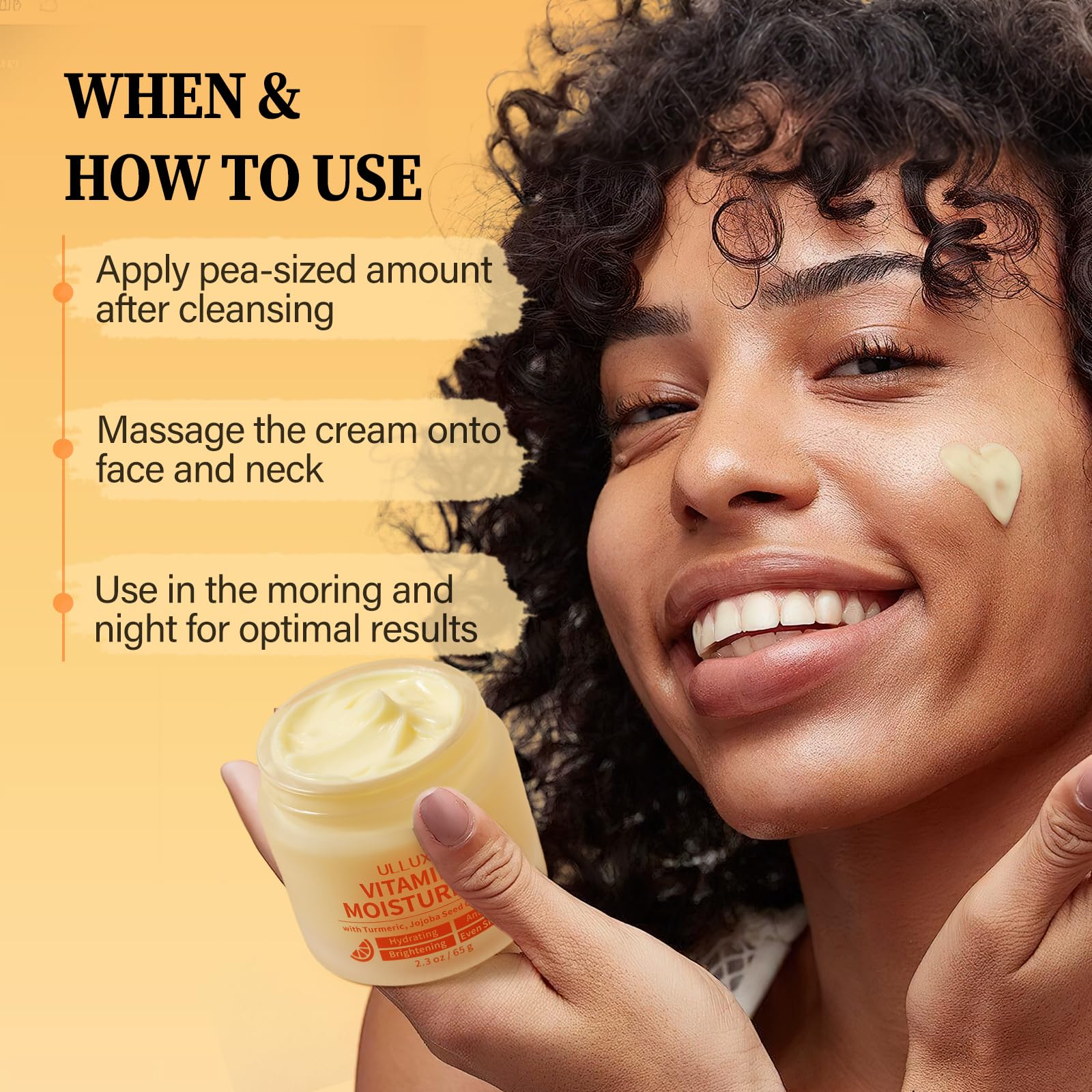 ulluxe vitamin c face moisturizer on skin exhibits dewy glow and even tone.