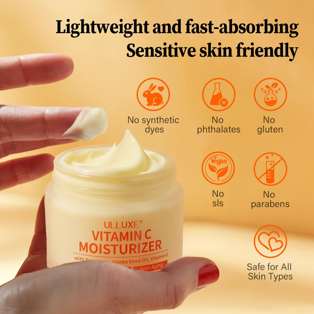 ulluxe vitamin c face moisturizer glow on model's skin indicating bright, even complexion.