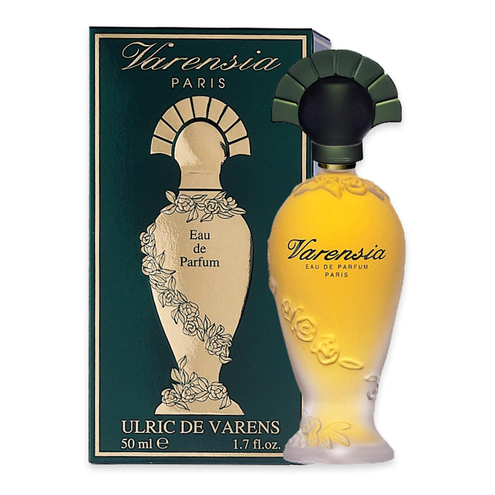 Ulric De Varens Varensia bottle shot shows elegant packaging for lasting feminine aroma