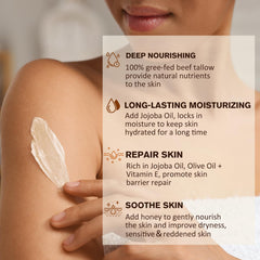ULTIBELA Beef Tallow Balm ingredients reveal honey, beeswax, and jojoba oil nourishing skin