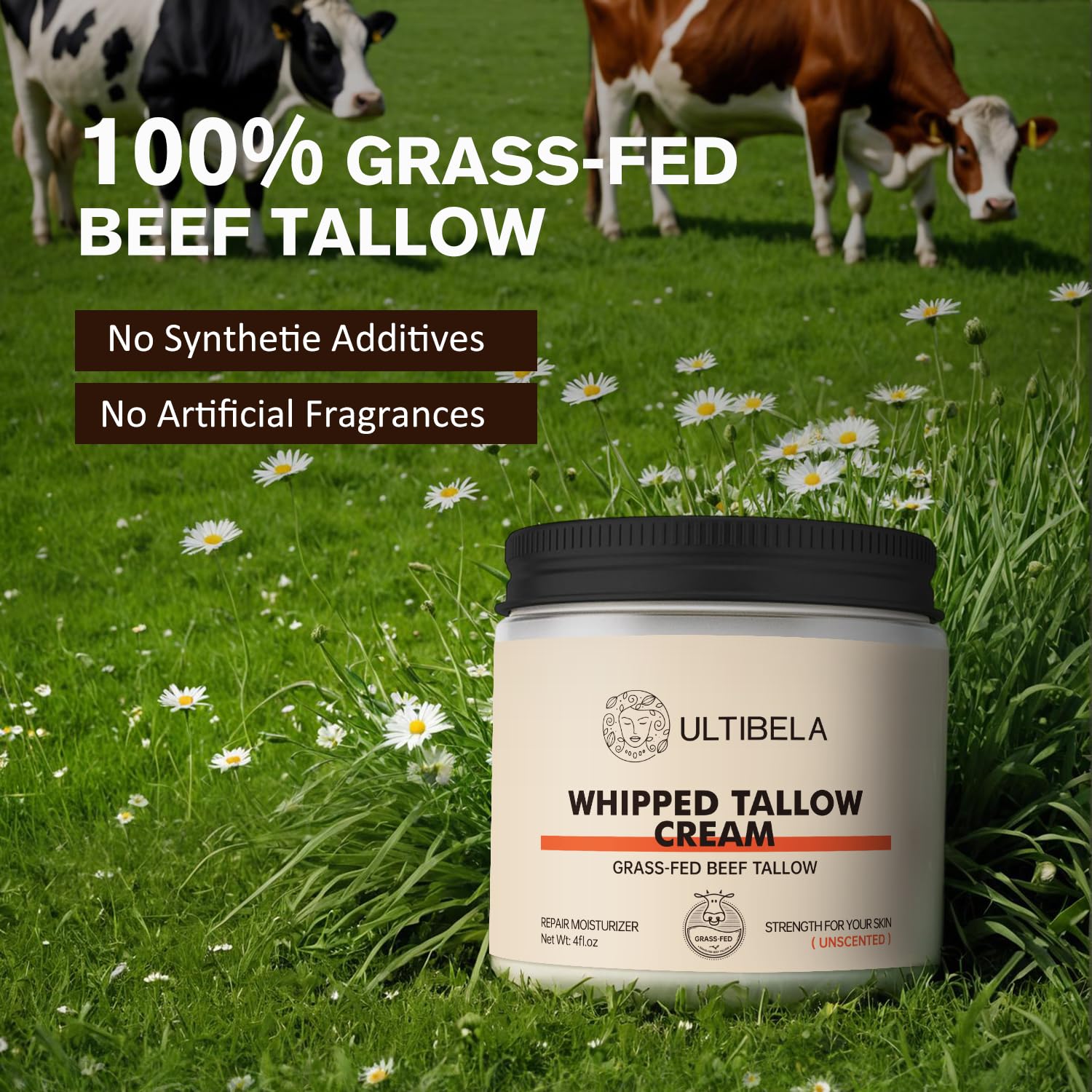ULTIBELA Beef Tallow Balm jar closeup highlighting creamy whipped texture for easy application
