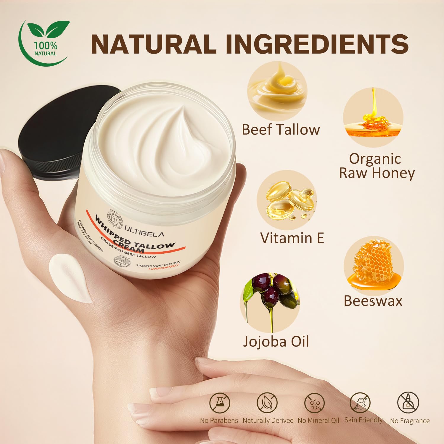 ULTIBELA Beef Tallow Balm whipped texture closeup promotes rich moisture for dry skin