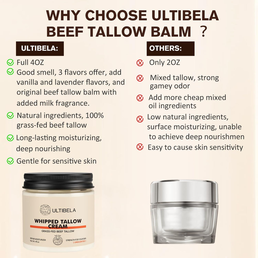 ULTIBELA Beef Tallow Balm with raw honey on surface communicates natural soothing benefits
