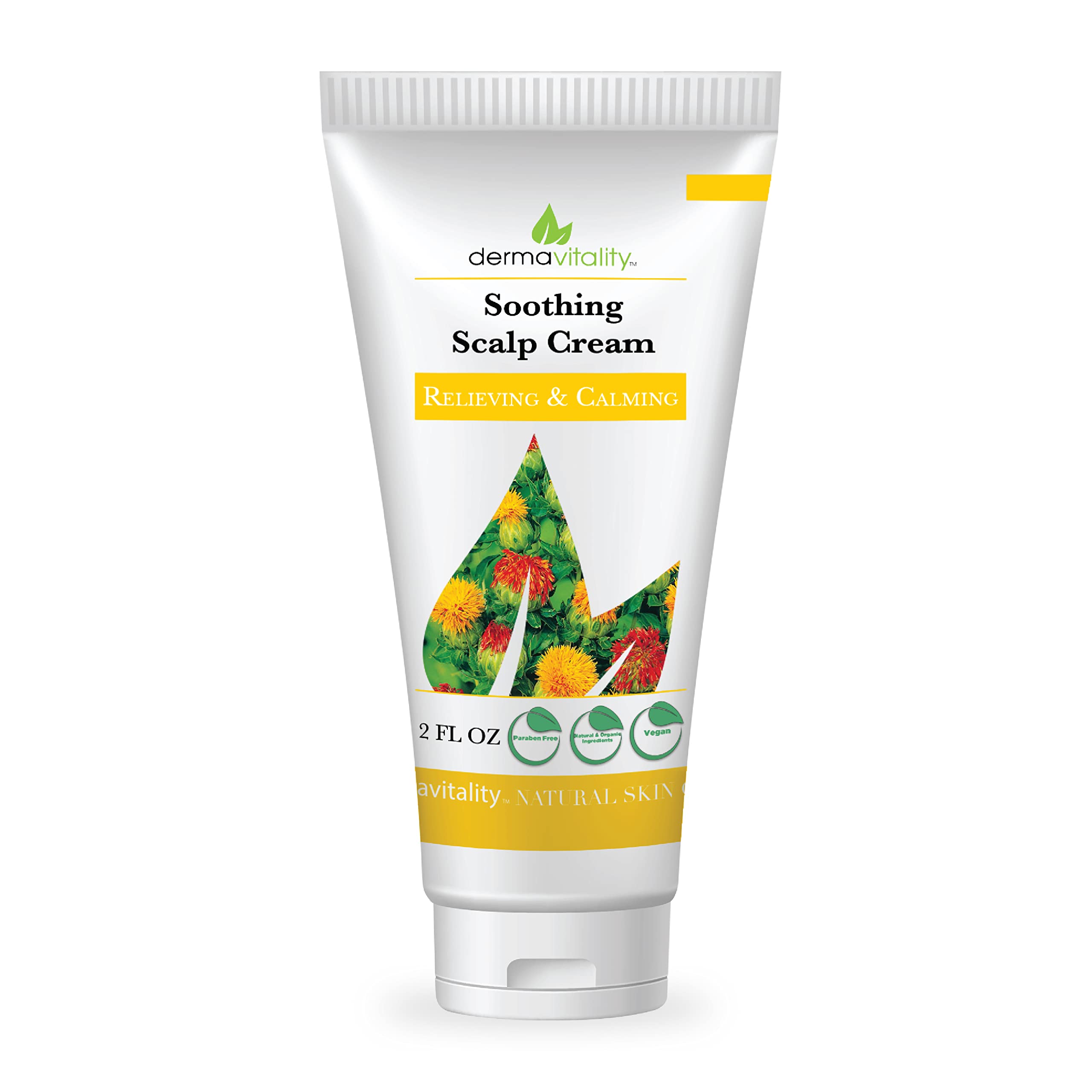 UltimateVitality Dermavitality scalp cream bottle shows organic formula for soothing scalp comfort