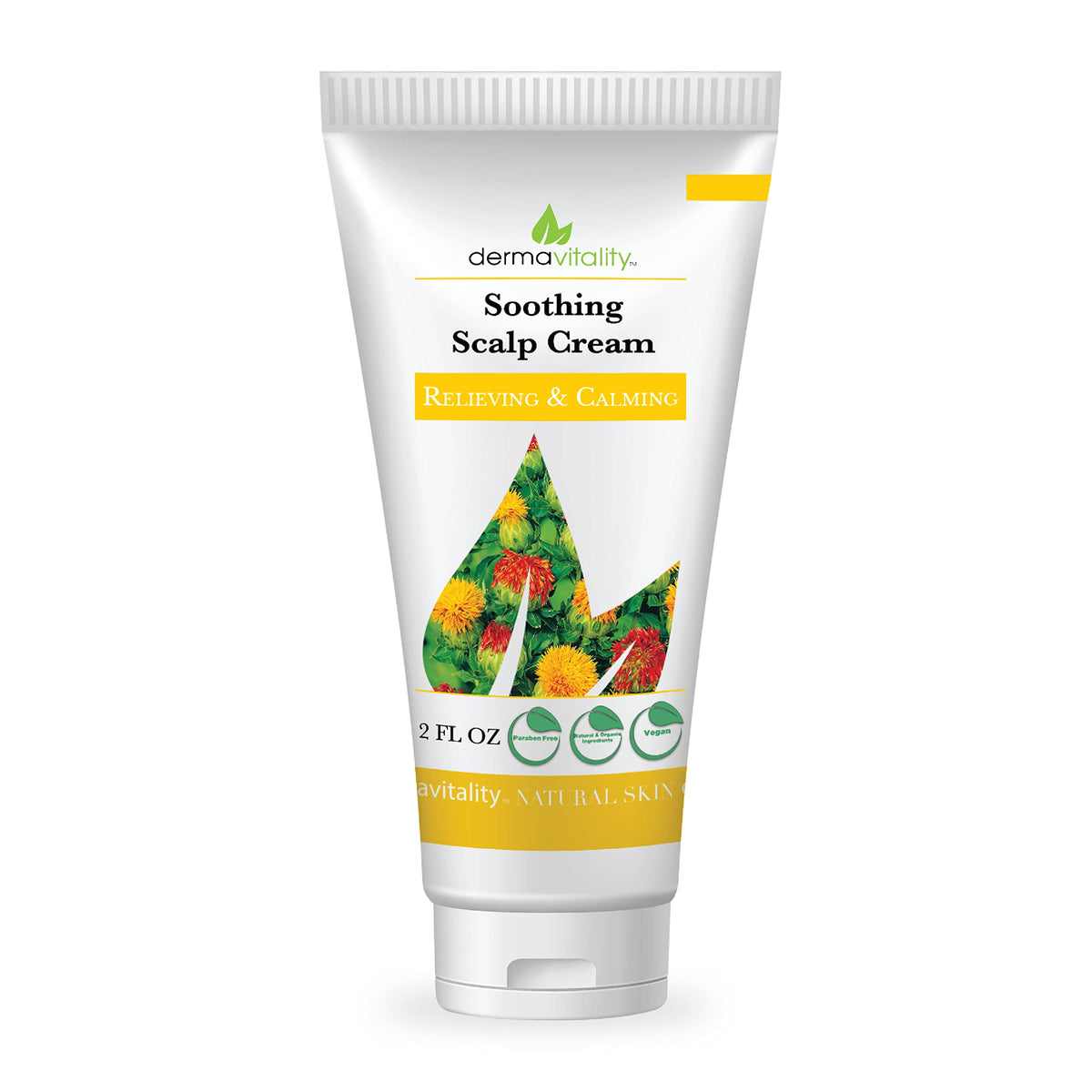 UltimateVitality Dermavitality scalp cream bottle shows organic formula for soothing scalp comfort