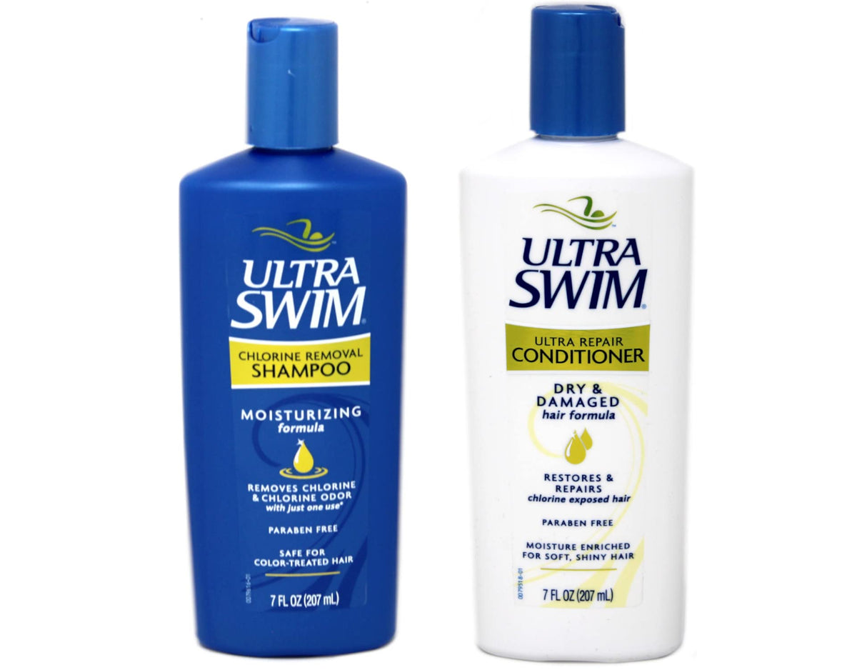 UltraSwim Dynamic Duo Shampoo bottle shows chlorine-removal action for healthier swimmer hair.