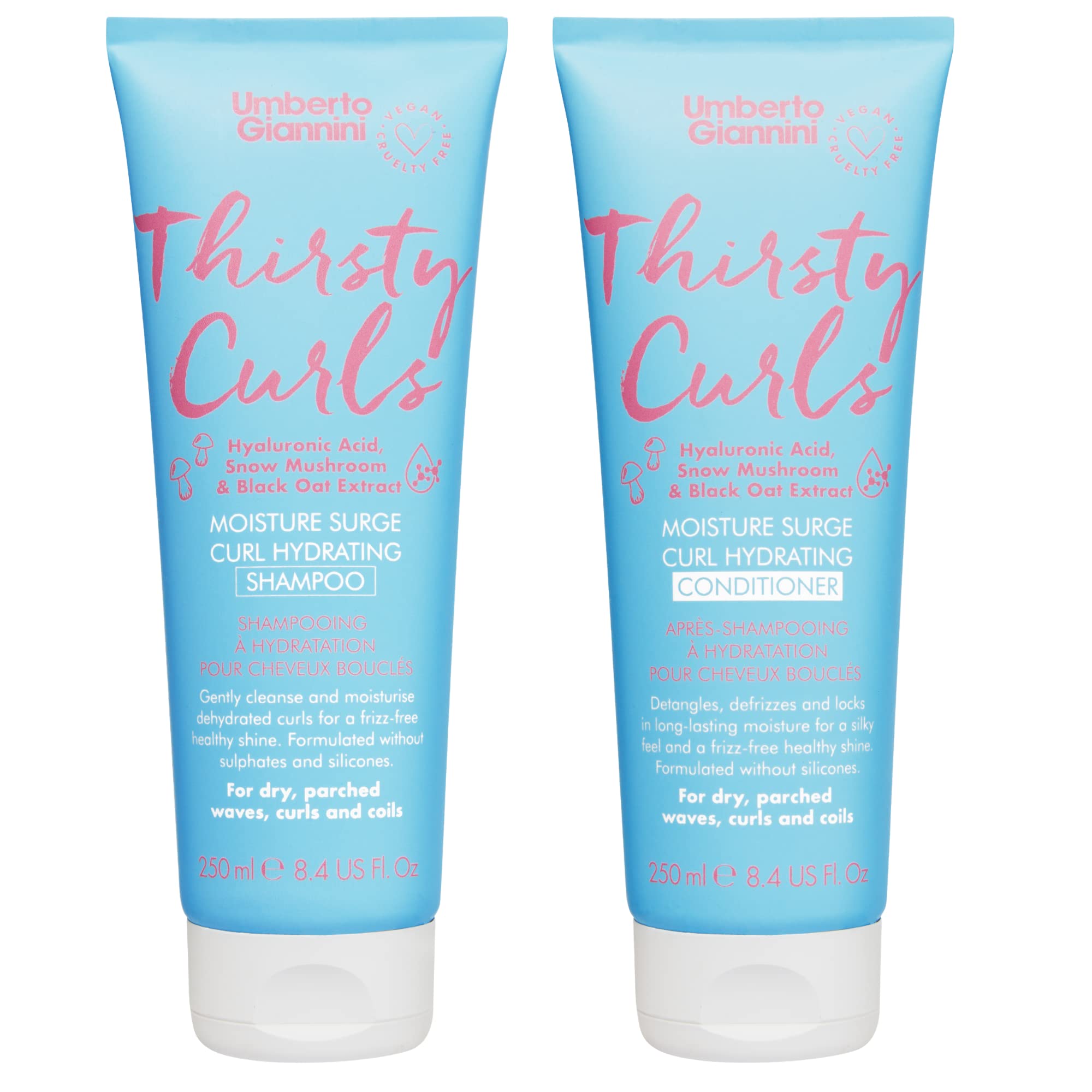 Umberto Giannini Thirsty Curls shampoo bottle with hydrating formula for dry curls and frizz control