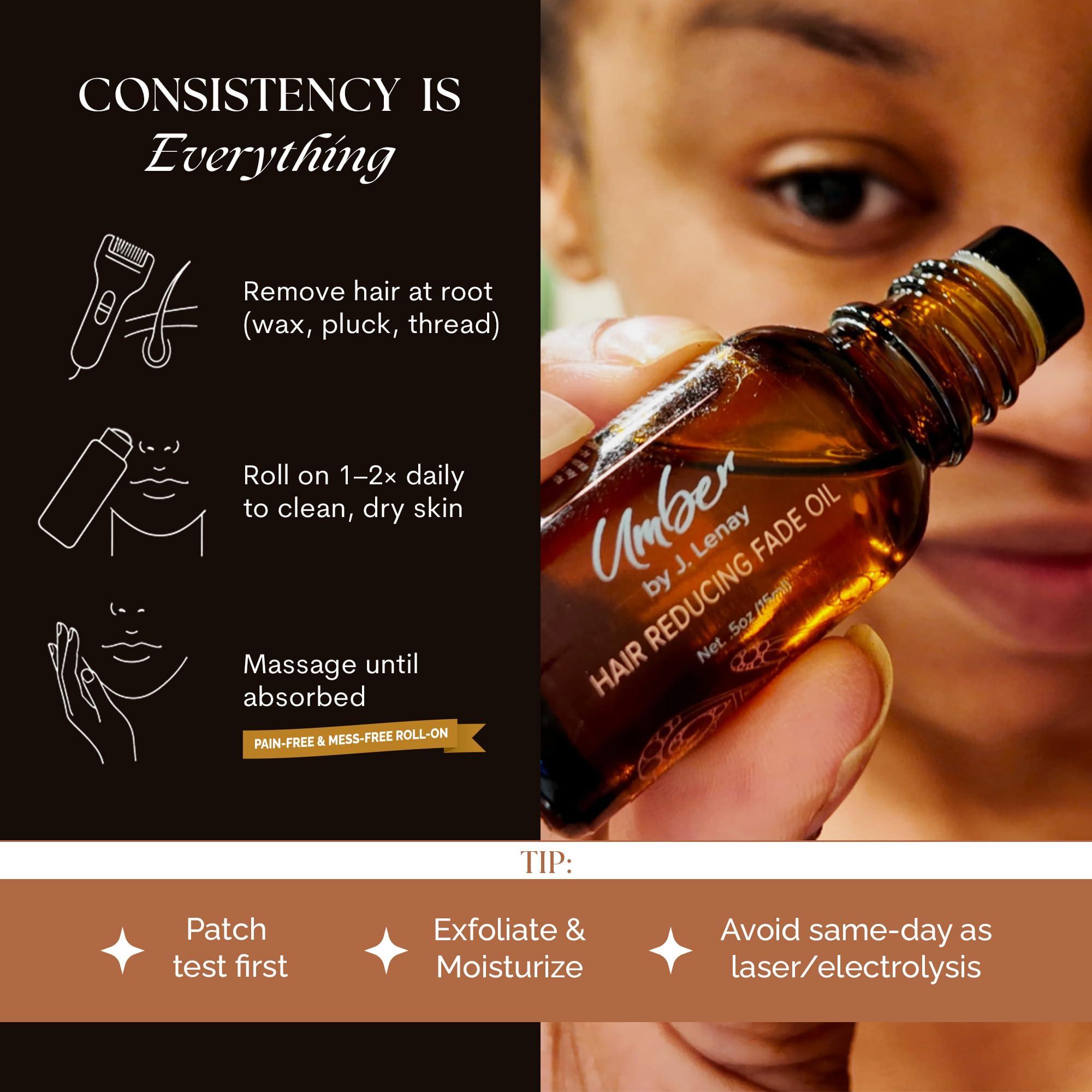 Umber By J. Lenay fade oil absorbs fast with a light, non-greasy finish.