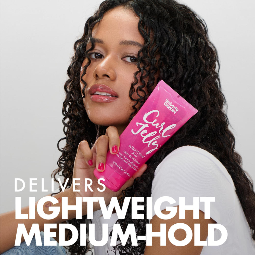 Umberto Giannini Curl Jelly on damp hair shows natural movement and shine