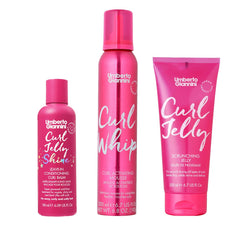 Umberto Giannini Curl Jelly Shine bottle showing defined curls with natural shine