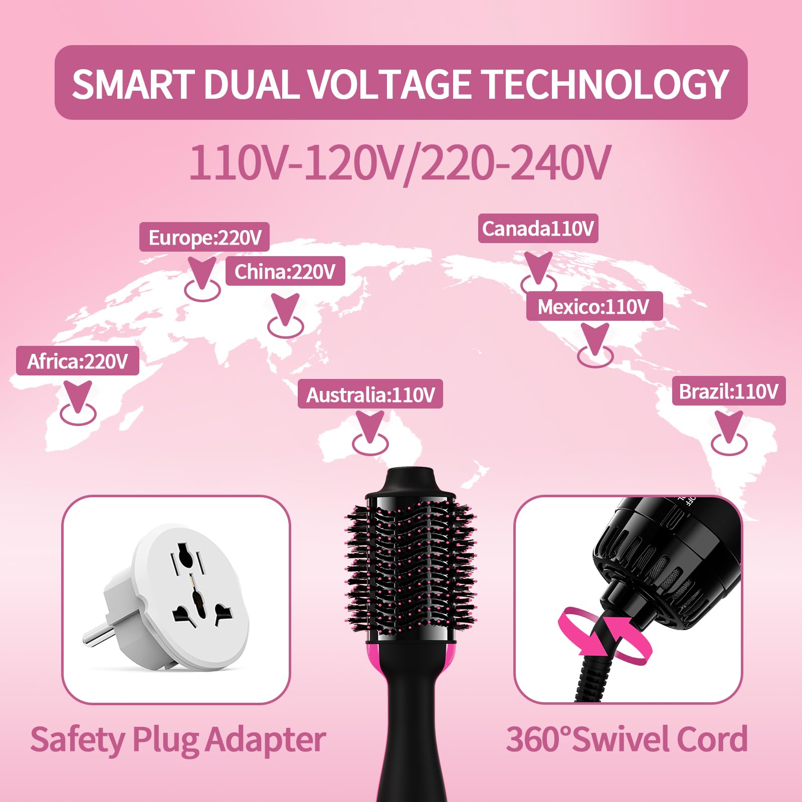 Umeely dual-voltage hair-dryer-brush oval-barrel demonstrates volumizing blowouts.