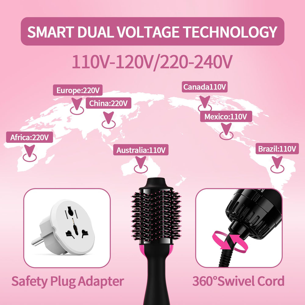 Umeely dual-voltage hair-dryer-brush oval-barrel demonstrates volumizing blowouts.