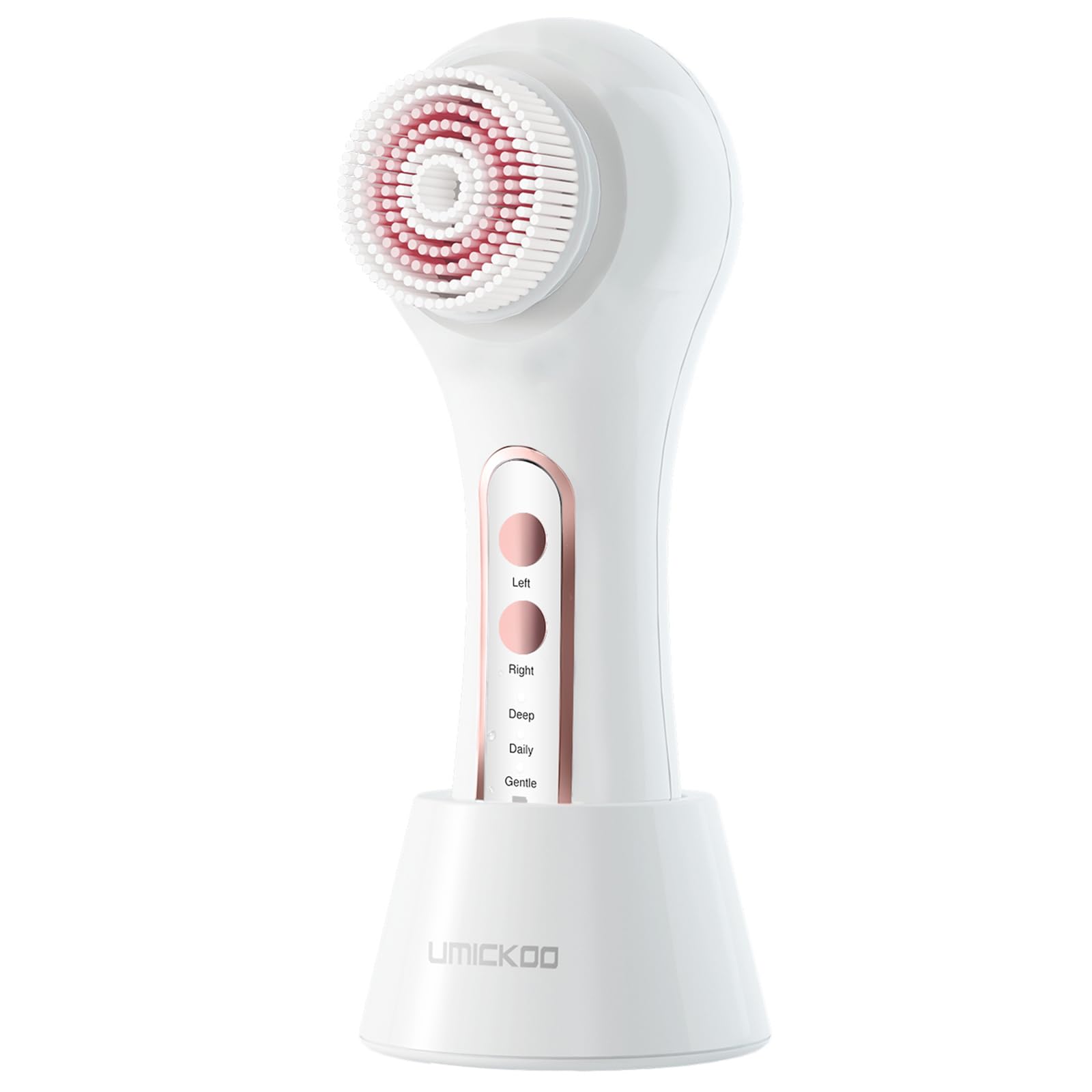 Umickoo Face Scrubber with left rotation for deep pore cleansing around nose and chin.