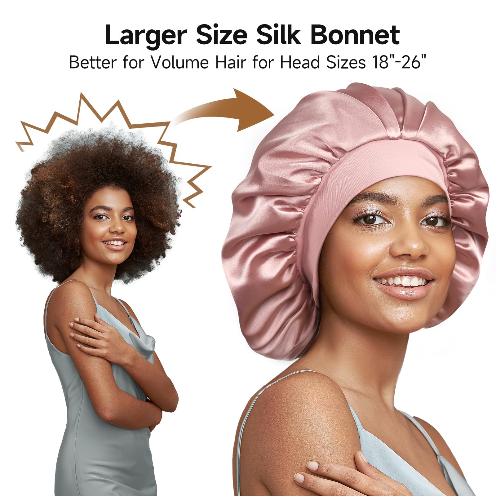 UmiSleep 22momme silk bonnet large size 13-4 diameter accommodates long hair overnight.