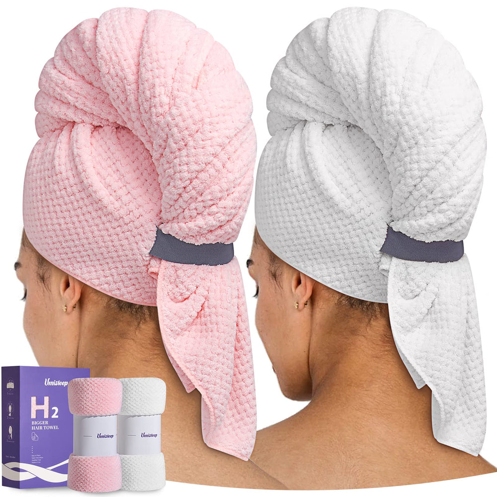 Umisleep extra-large microfiber hair towel flatlay showing full coverage for long hair drying