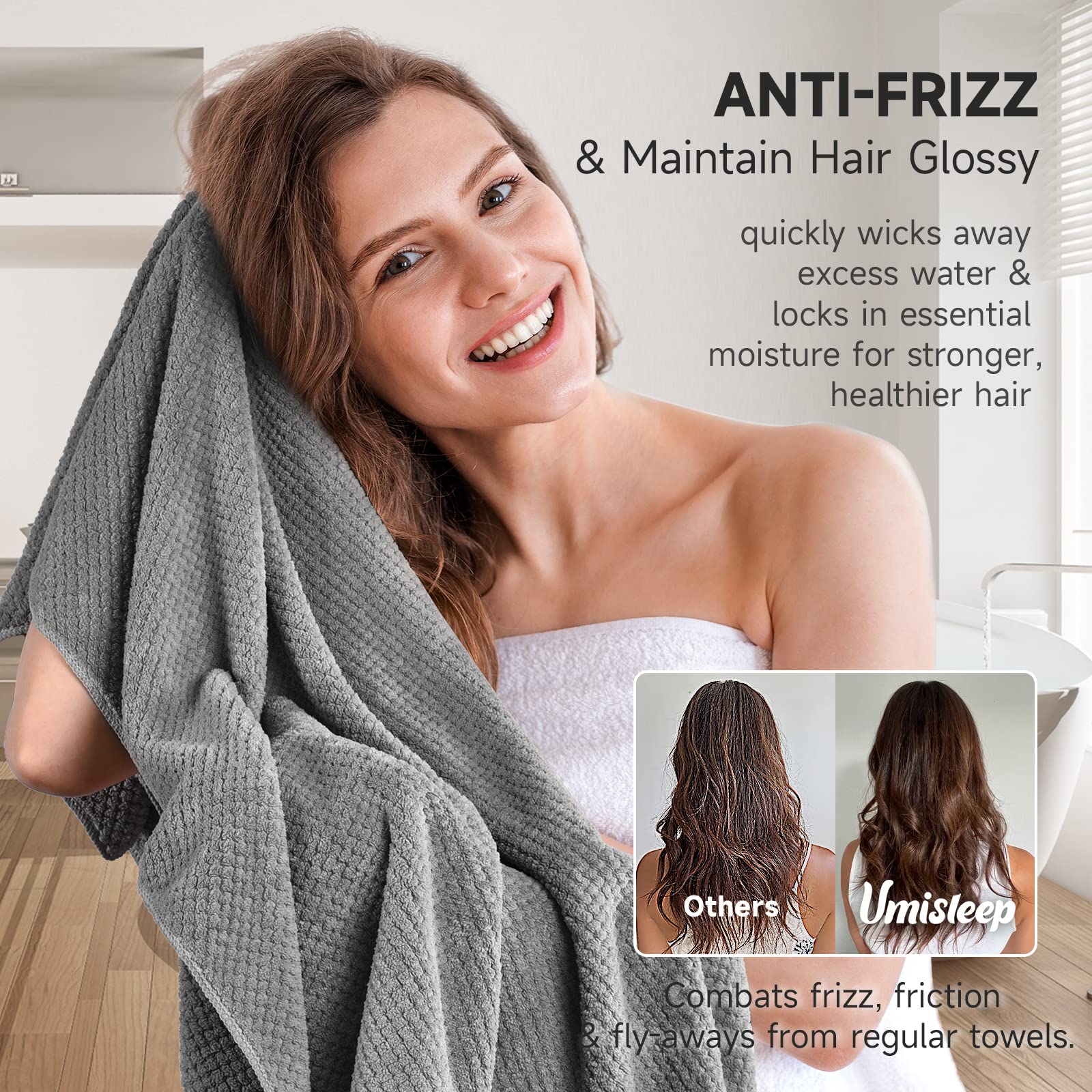 UmiSleep gray microfiber towel close-up shows soft, gentle fabric