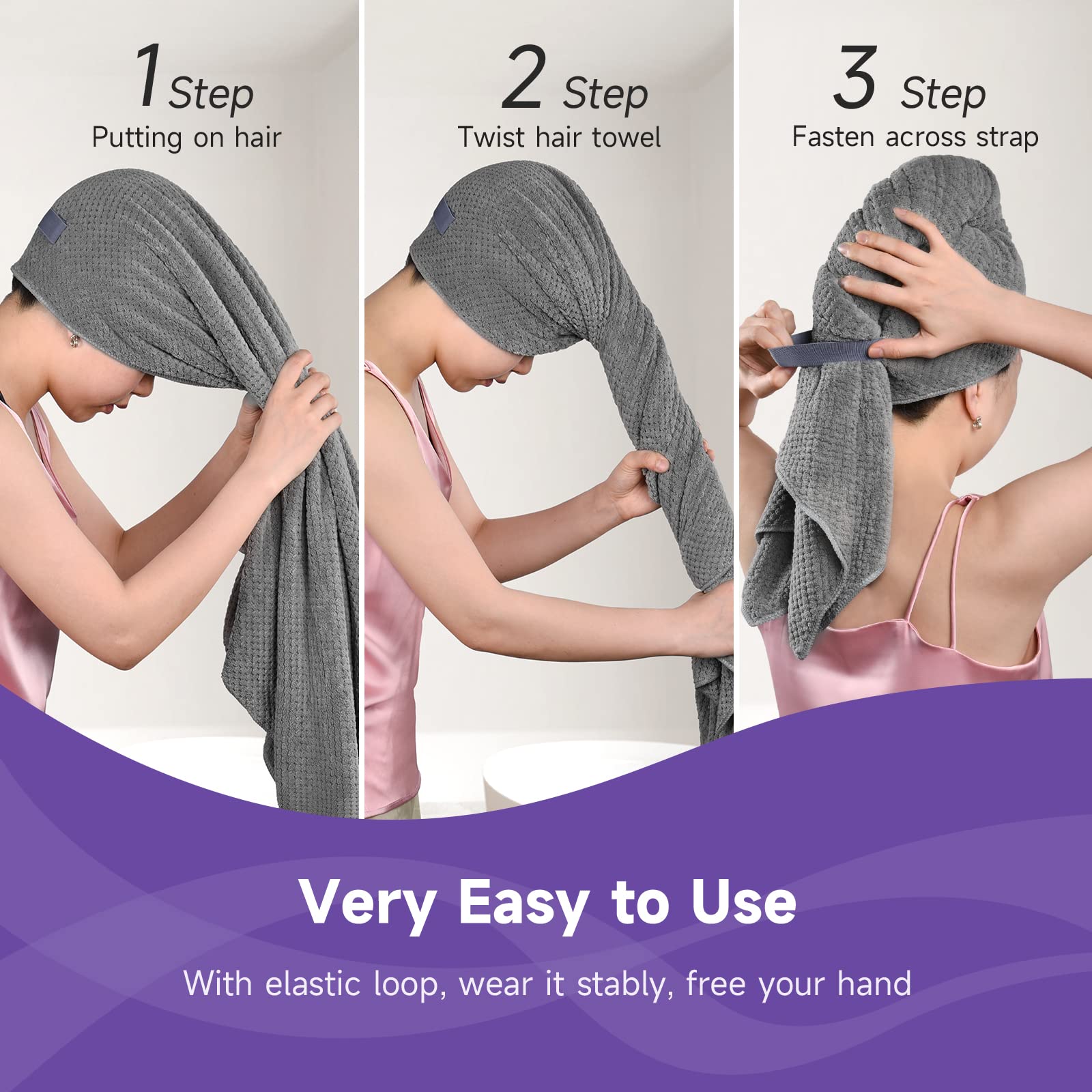UmiSleep hair towel wrap with elastic band securely fitting on the head