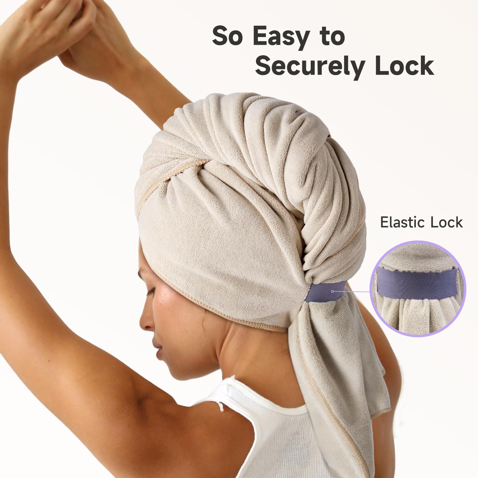 Umisleep microfiber hair towel camel with elastic band keeps hair in place.