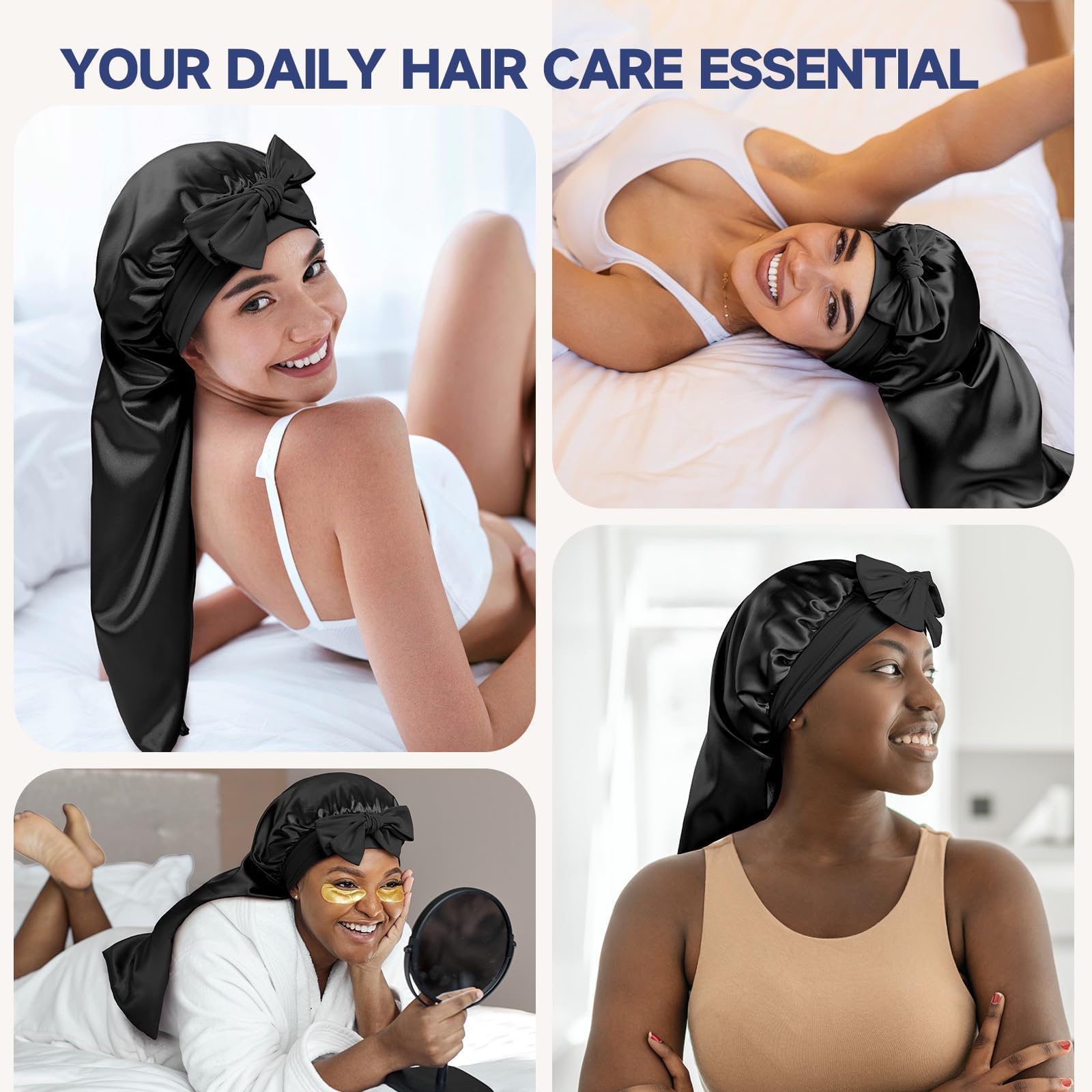 Umisleep bonnet shown during skincare to keep hair away from face
