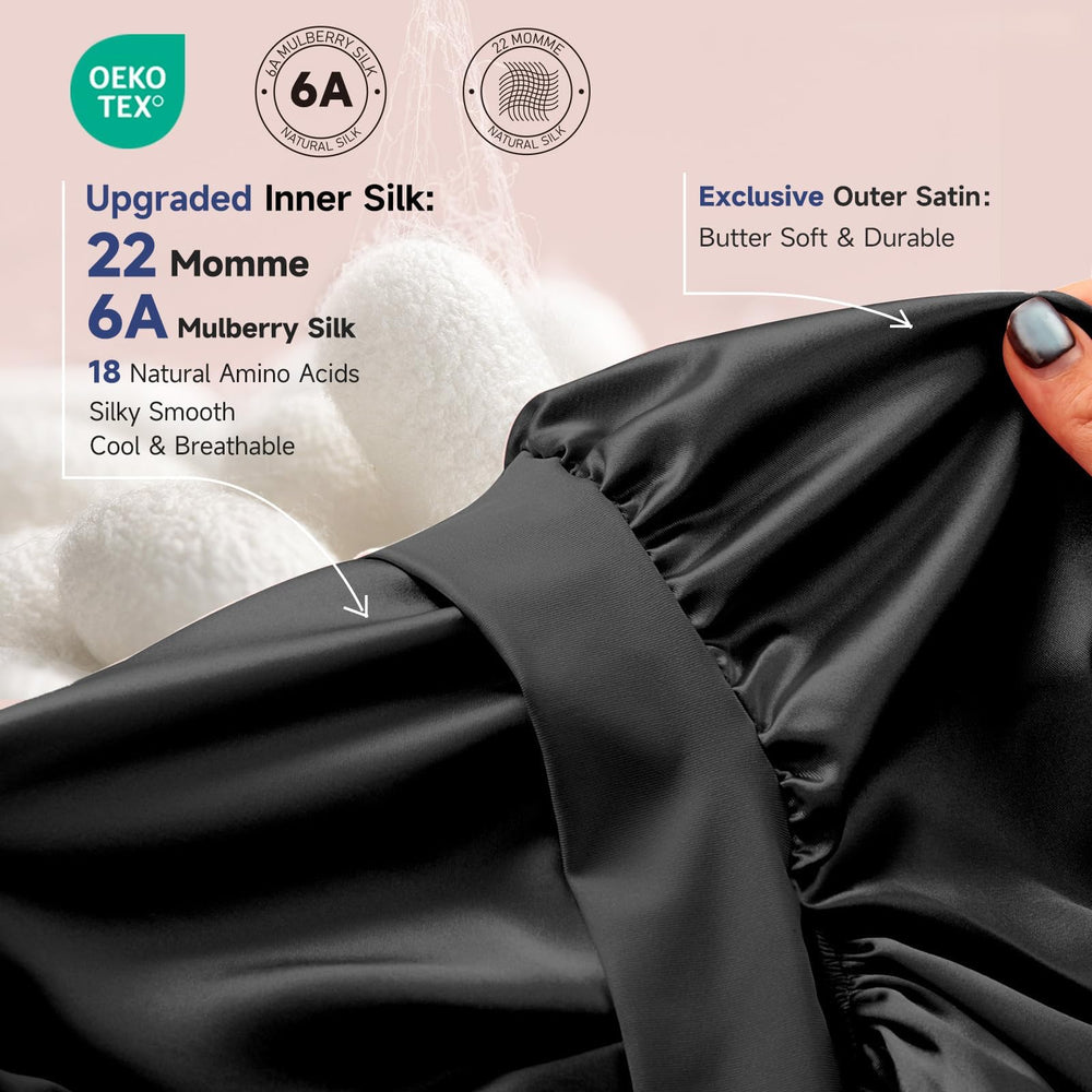 Umisleep silk bonnet on long hair demonstrates volume preservation and fit