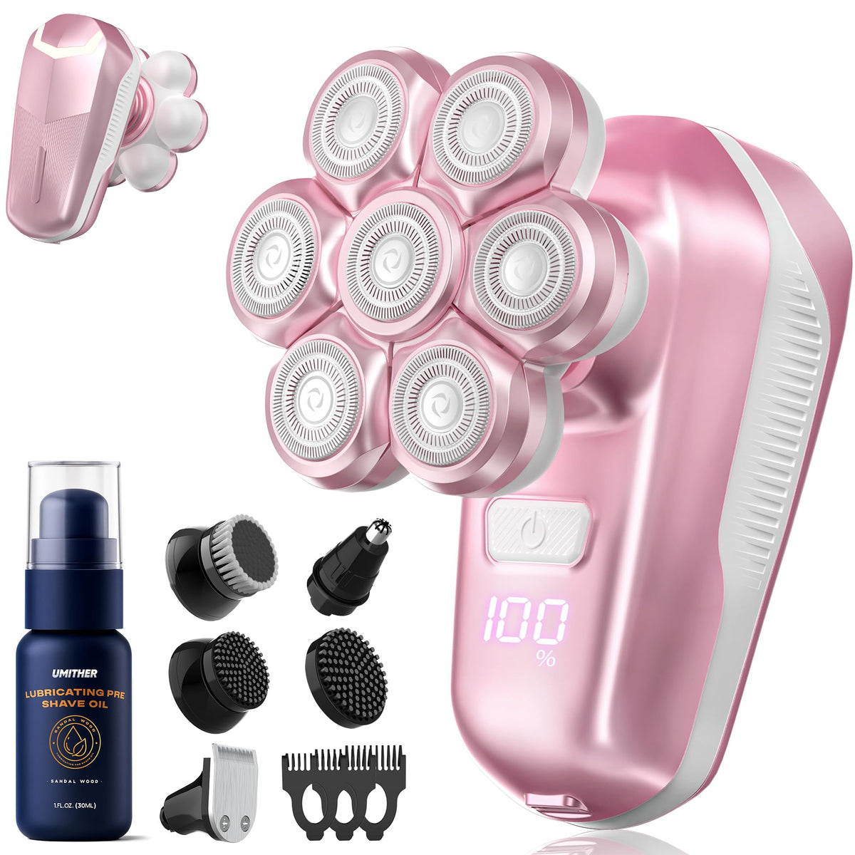 umither electric shaver 7D heads closeup highlights precise contour shaving for face and body
