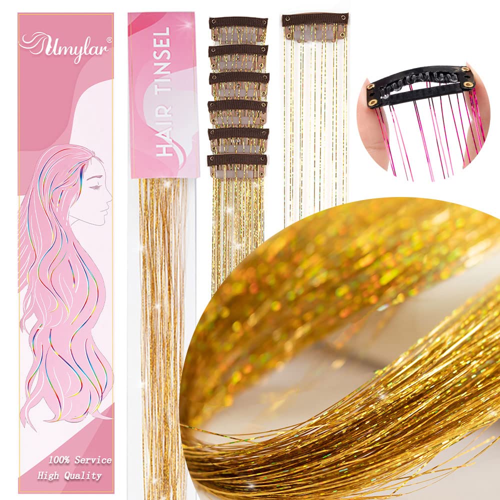 Umylar glitter tinsel clip-in mechanism closeup shows secure installation.