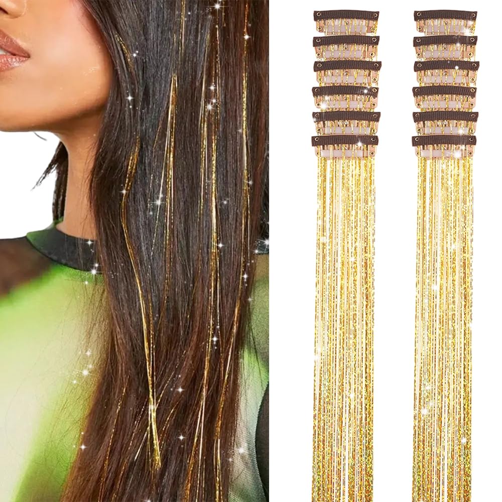 Umylar gold hair tinse pack 12 clips ready for instant highlight styling.