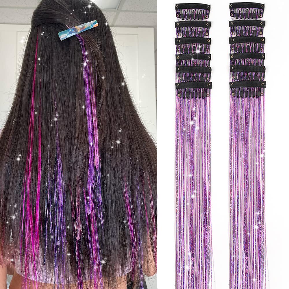 Umylar hair tinsel pack 12pcs purple close-up shows glittery color