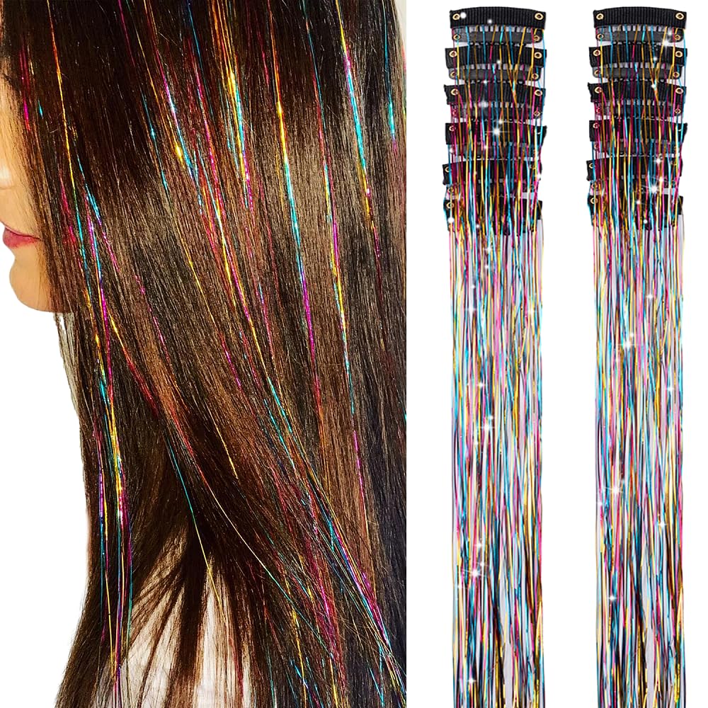 Umylar Rainbow Hair Tinsel 12pc pack close-up for festival sparkle