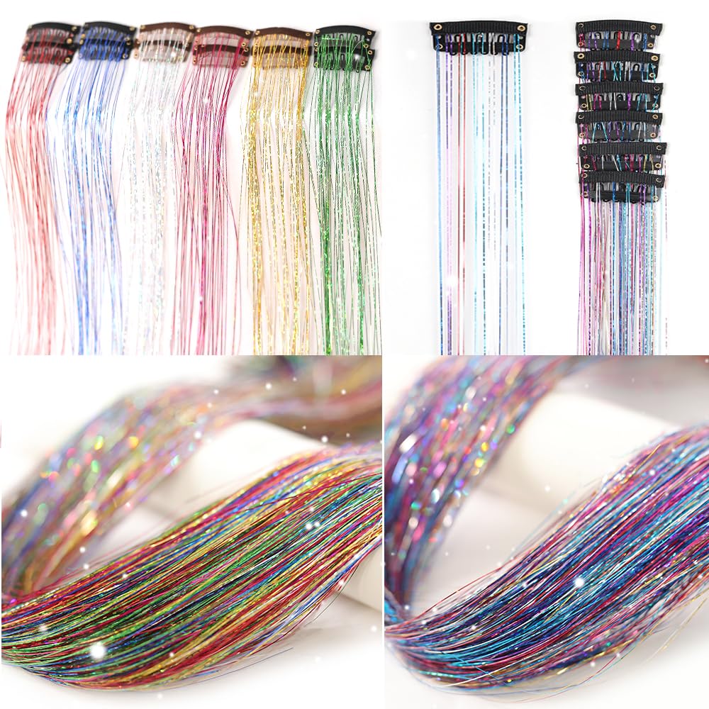 Umylar six-color hair tinsel pack clip-in extensions adds instant party sparkle.