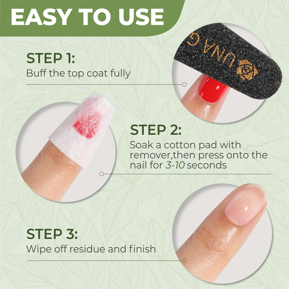 UNA GELLA 3-in-1 nail care message for cleansing, removing, and moisturizing.