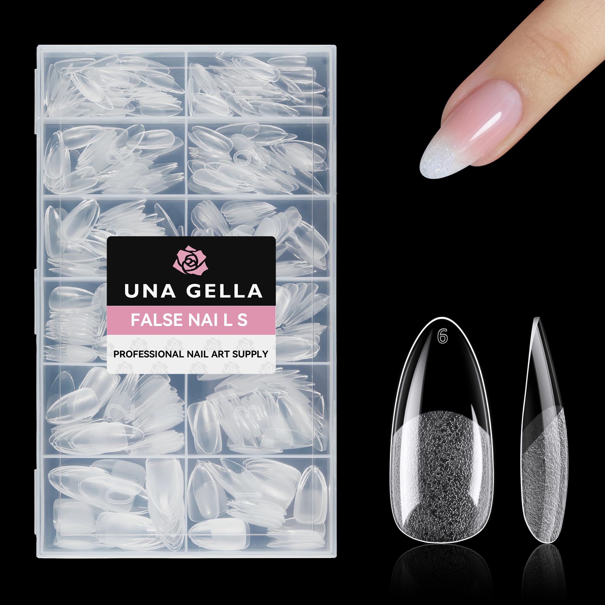 UNA GELLA almond nail tips packaging shows 504-piece set for at-home extensions