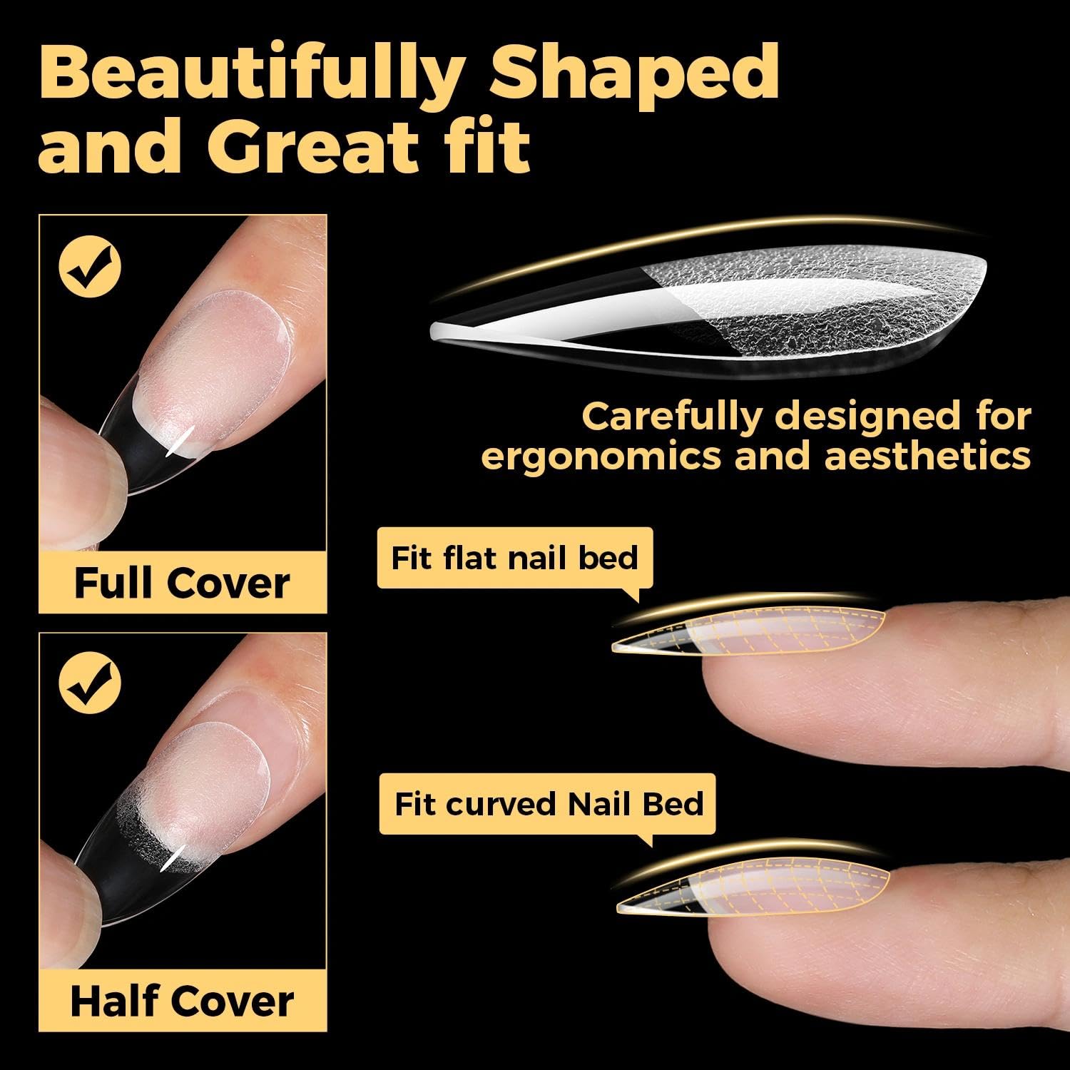 UNA GELLA 600 pcs almond tips full set highlights abundance for multiple DIY nail looks.