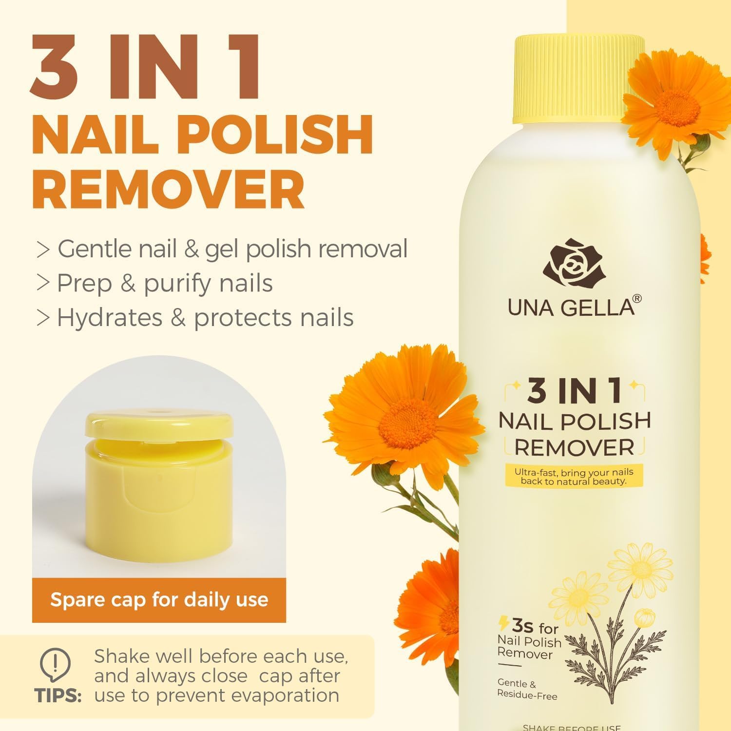 UNA GELLA bottle front view highlighting calendula-infused formula for gentler removal.