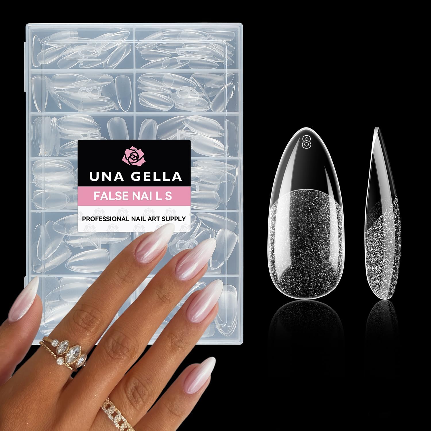UNA GELLA Almond Nail Tips clear cover swatch for natural extension.