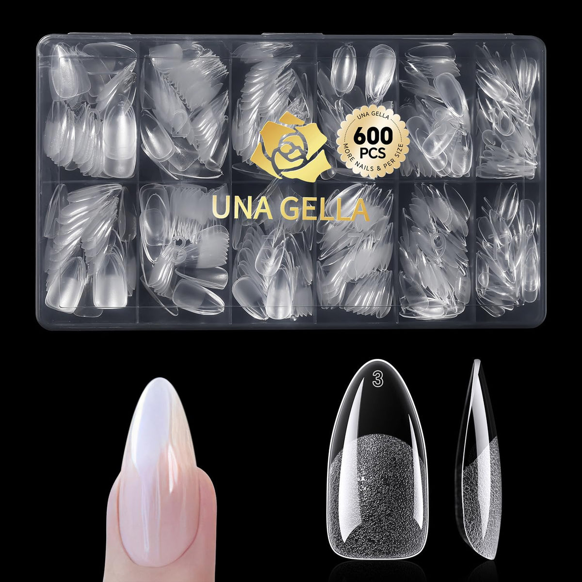 UNA GELLA almond nails pack front view shows full cover tips for natural-looking extensions.