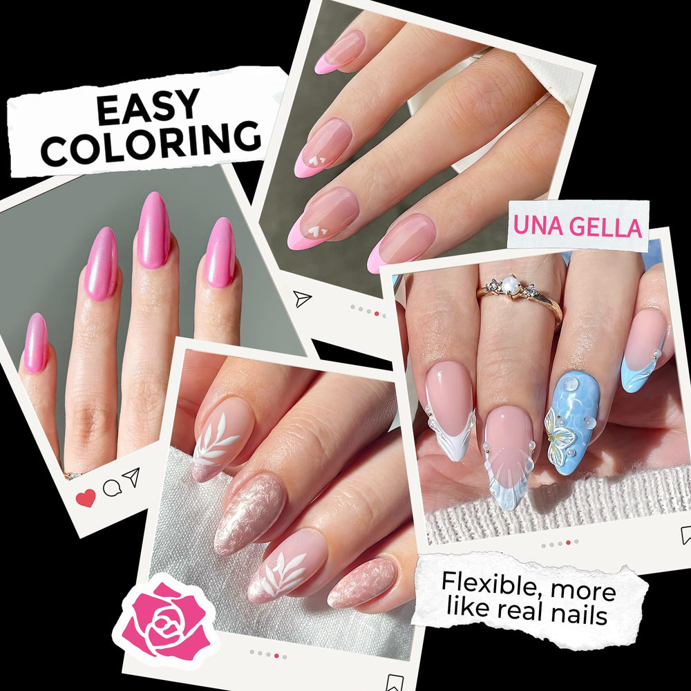 UNA GELLA almond tips closeup soft gelly reveals flexible tips for comfortable wear