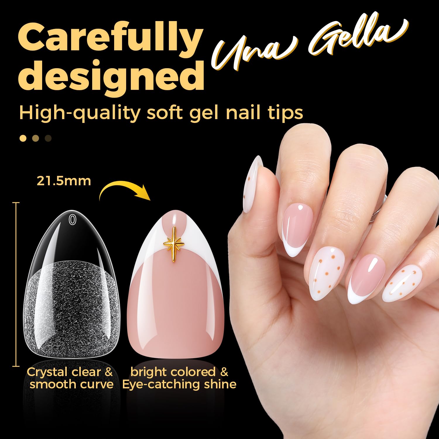 UNA GELLA almond tips applied on model hand for full coverage.