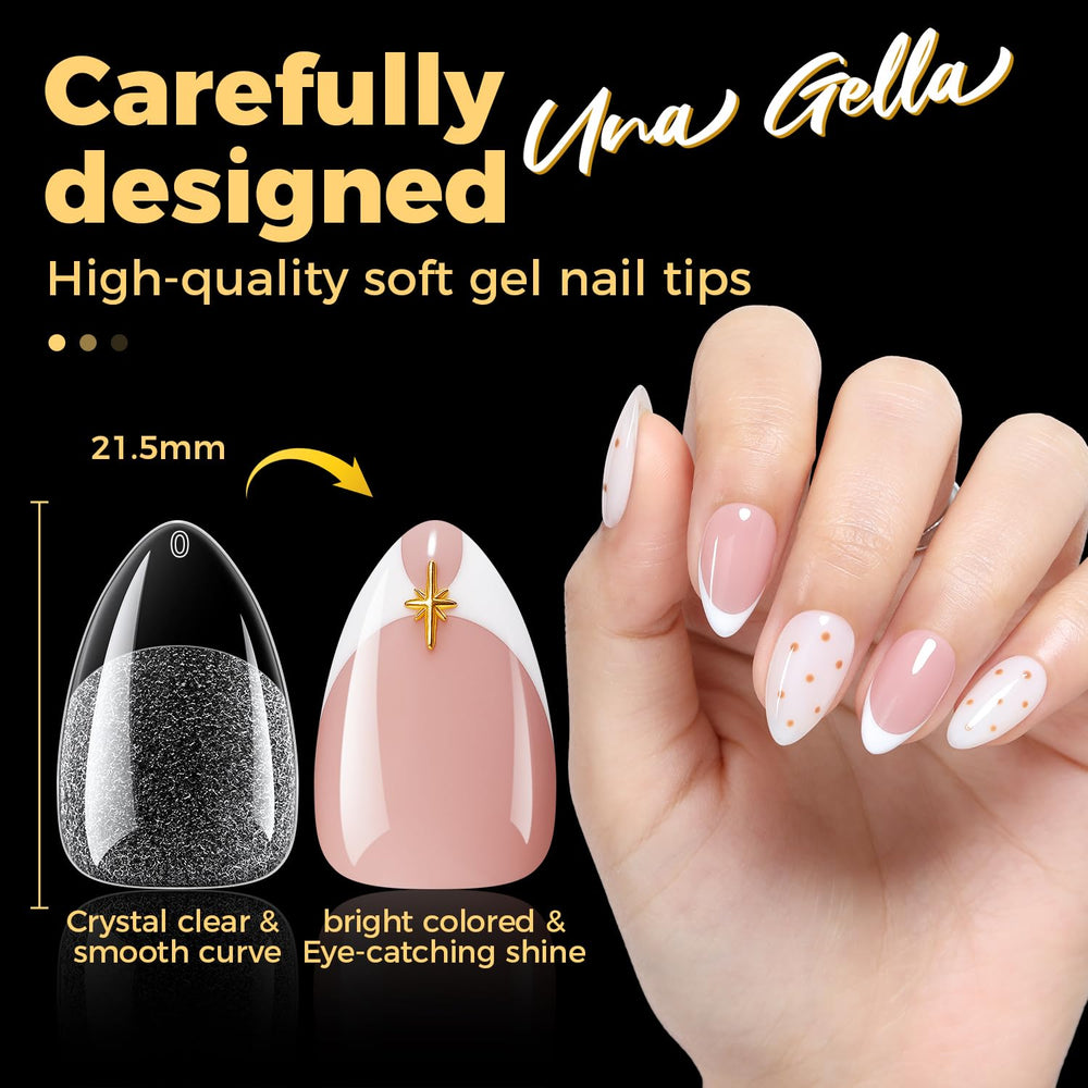 UNA GELLA almond tips applied on model hand for full coverage.