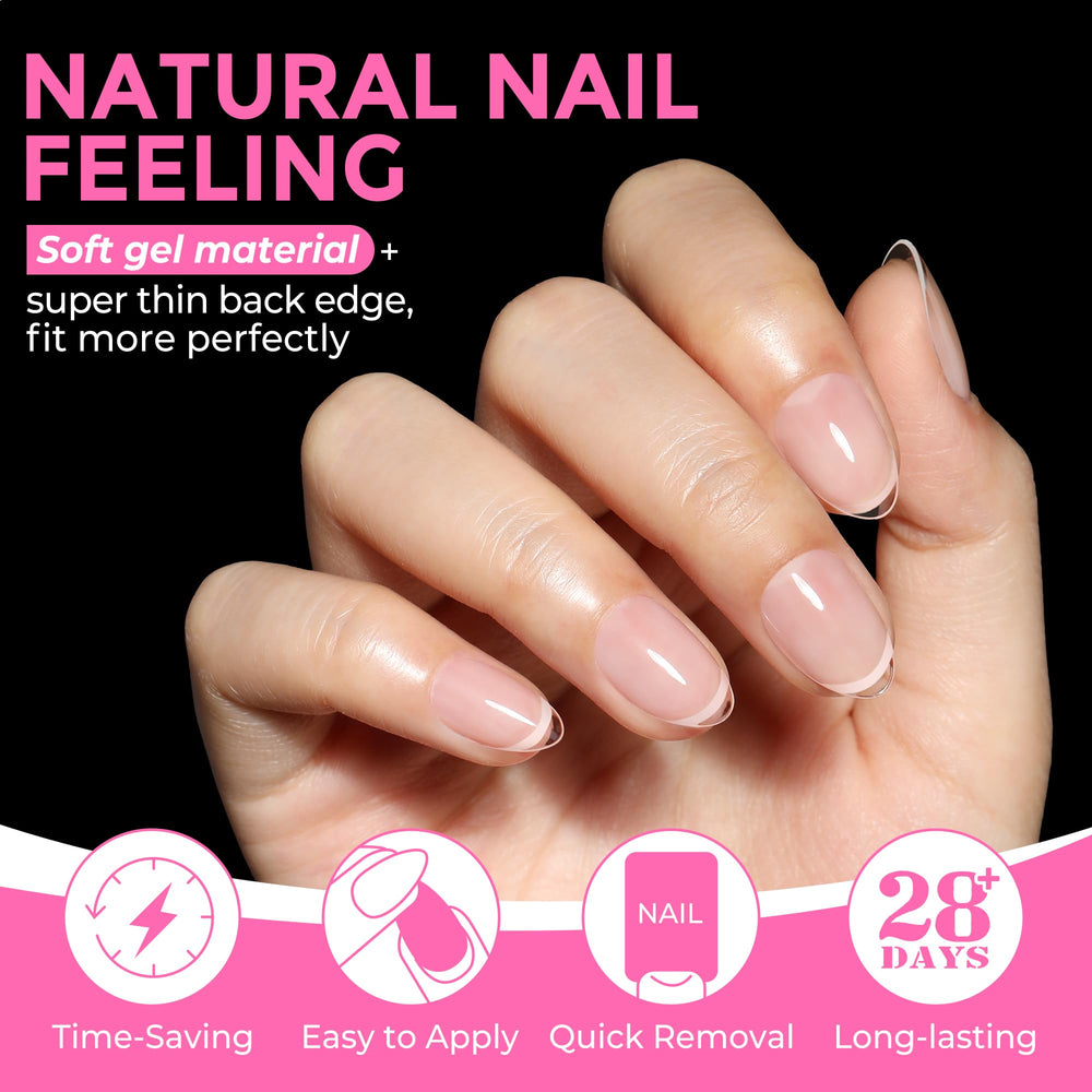UNA GELLA clear almond tips with durable thick front edge.