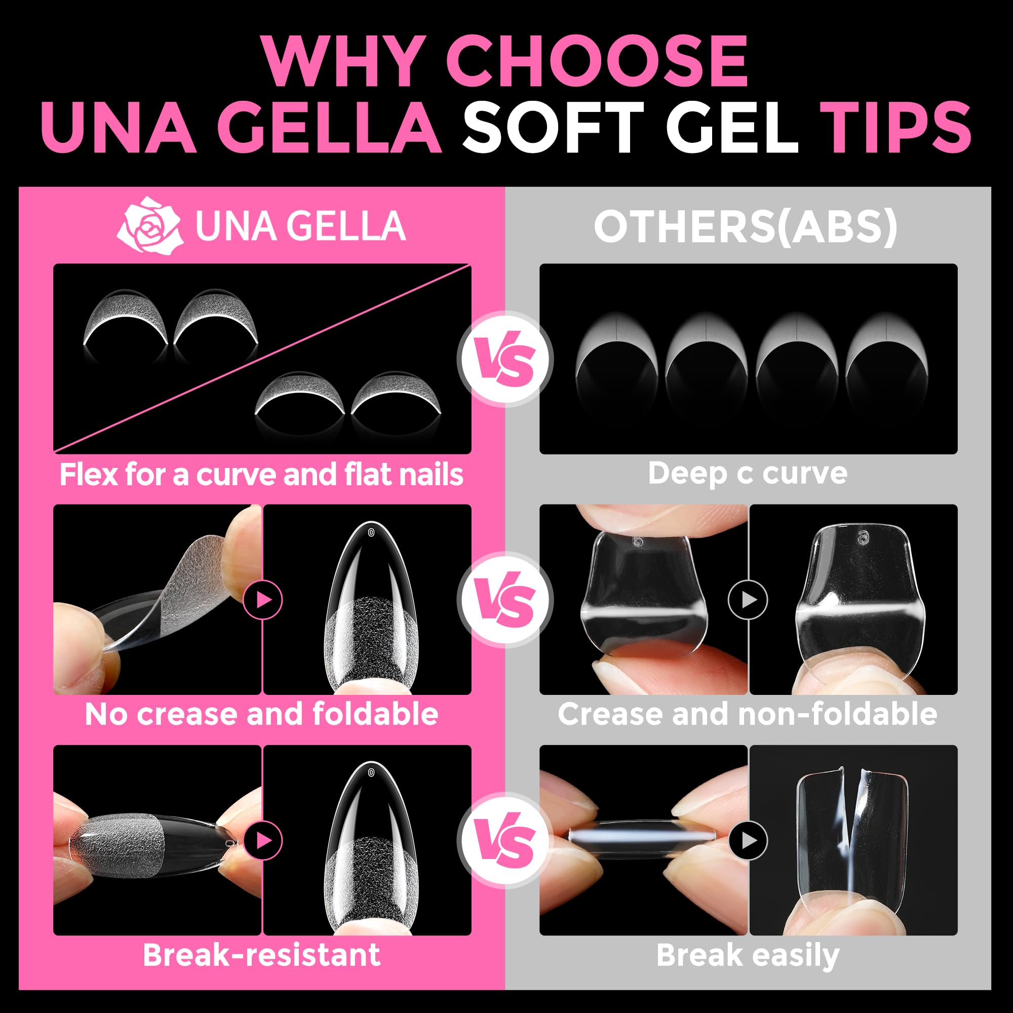 UNA GELLA clear almond tips on nails illustrate natural look and secure adhesion
