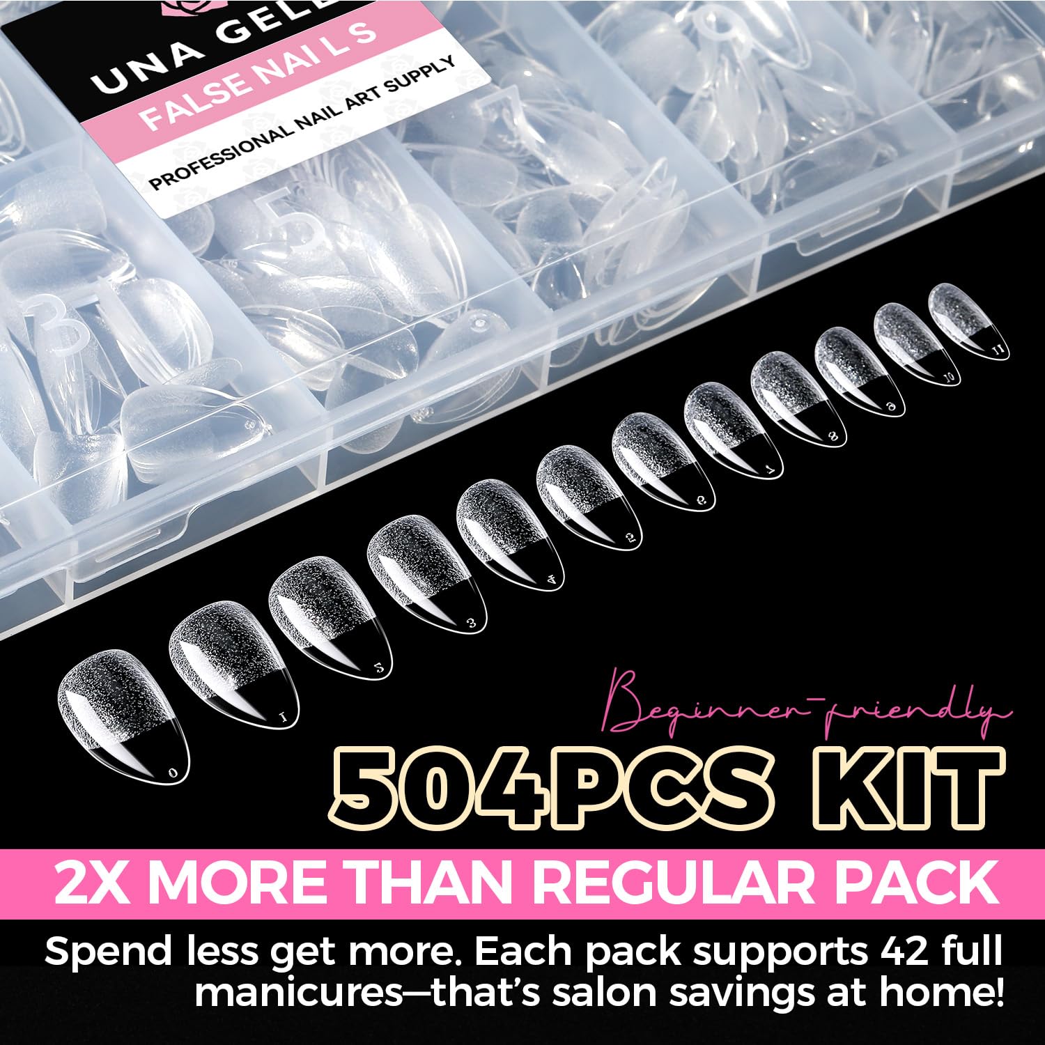 UNA GELLA clear cover nail tips provide streak-free natural-looking finish