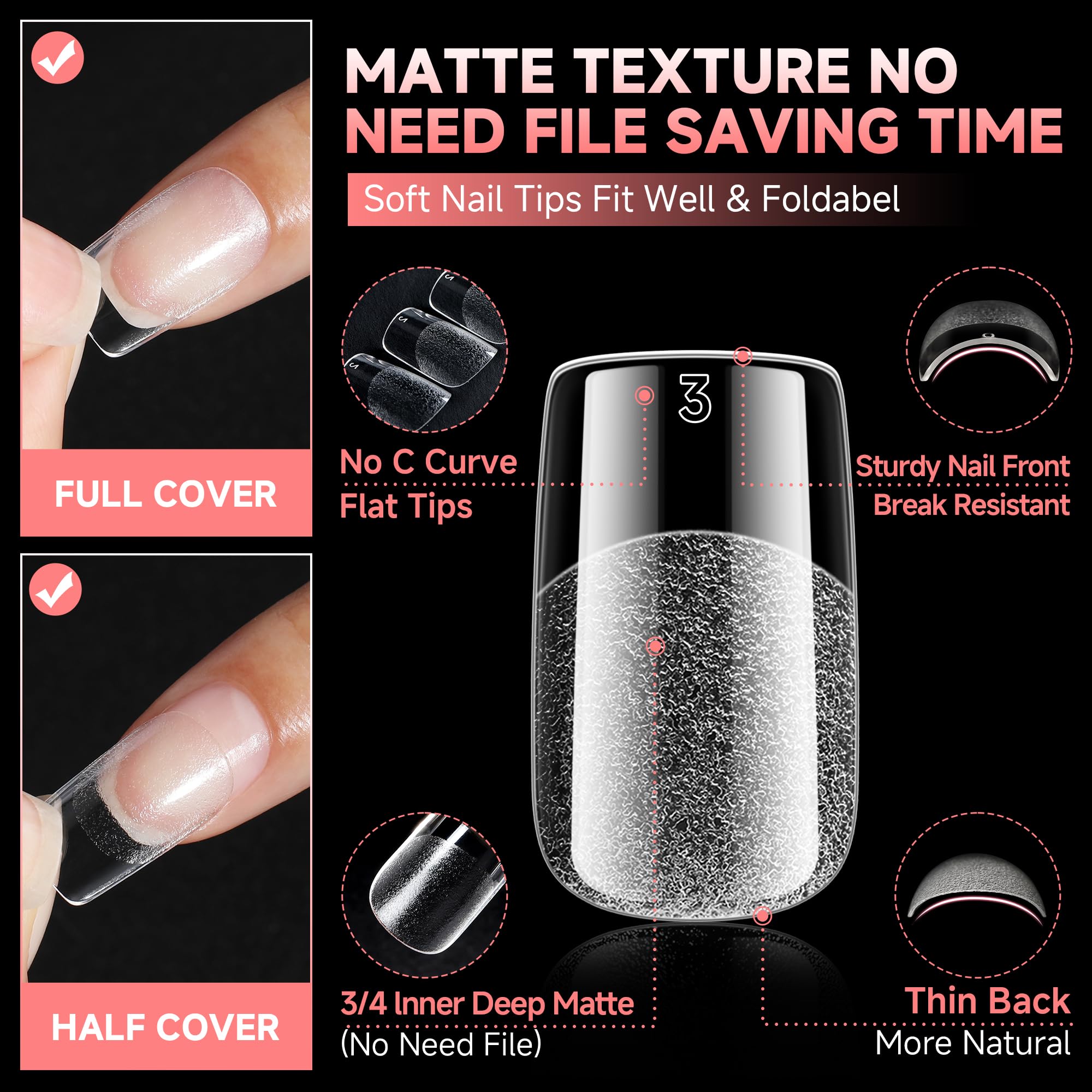 UNA GELLA clear full-cover square tips for natural-looking nails with polish