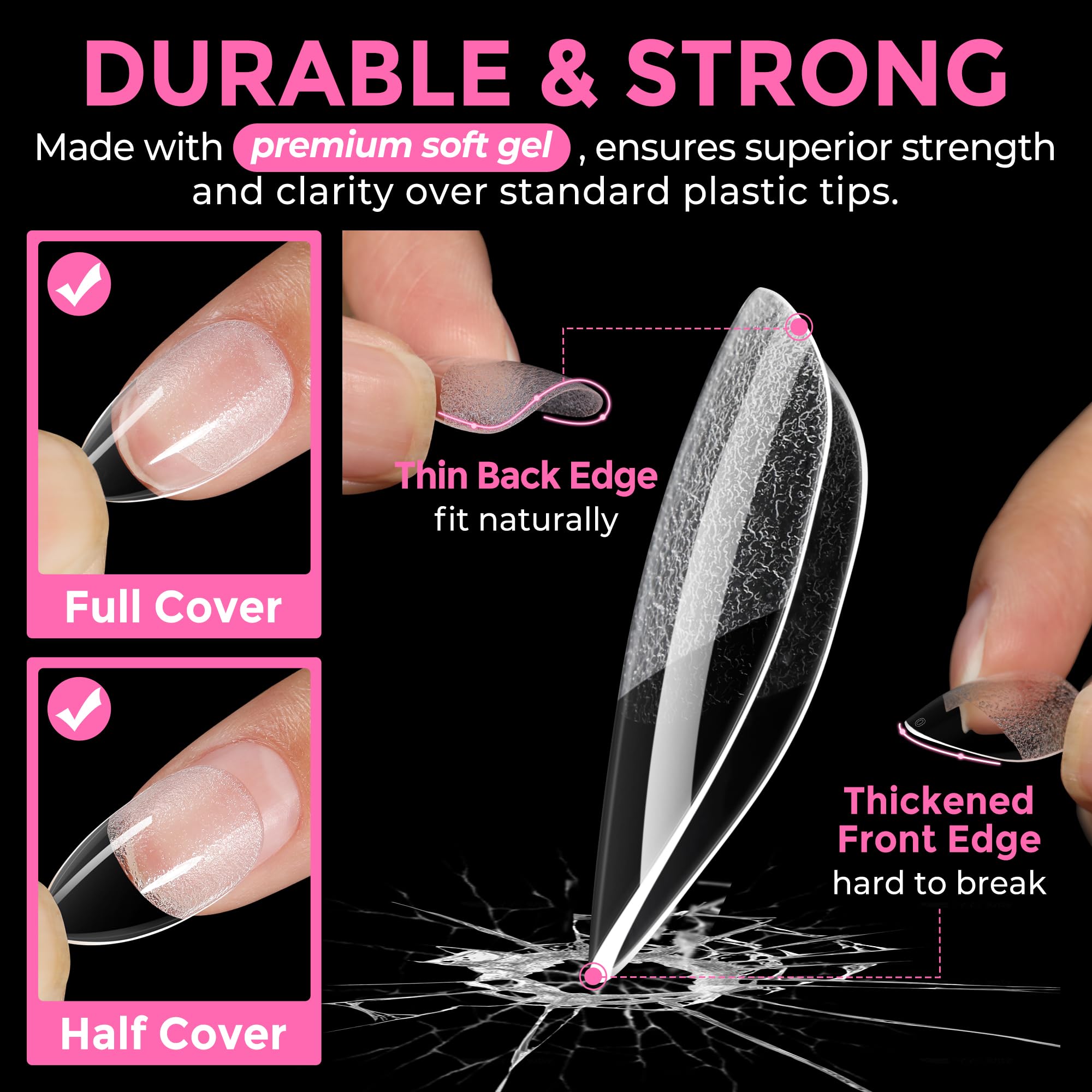 UNA GELLA Clear nail tips demonstrating no-trace, bright coverage.