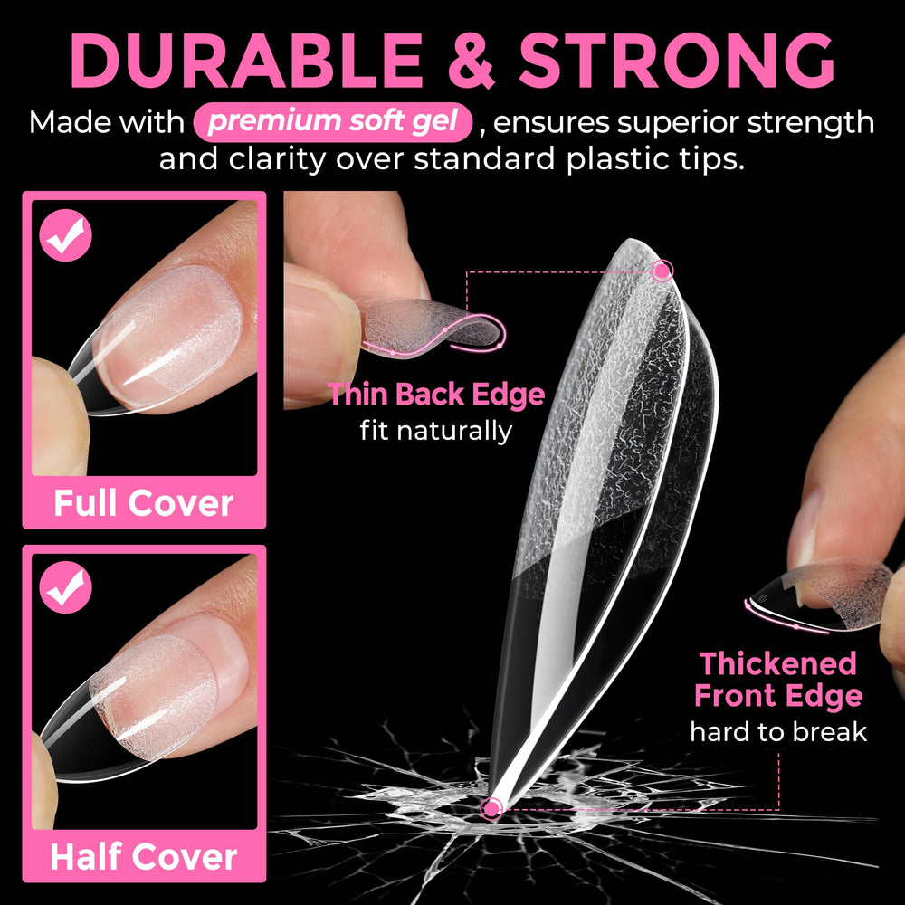 UNA GELLA Clear nail tips demonstrating no-trace, bright coverage.