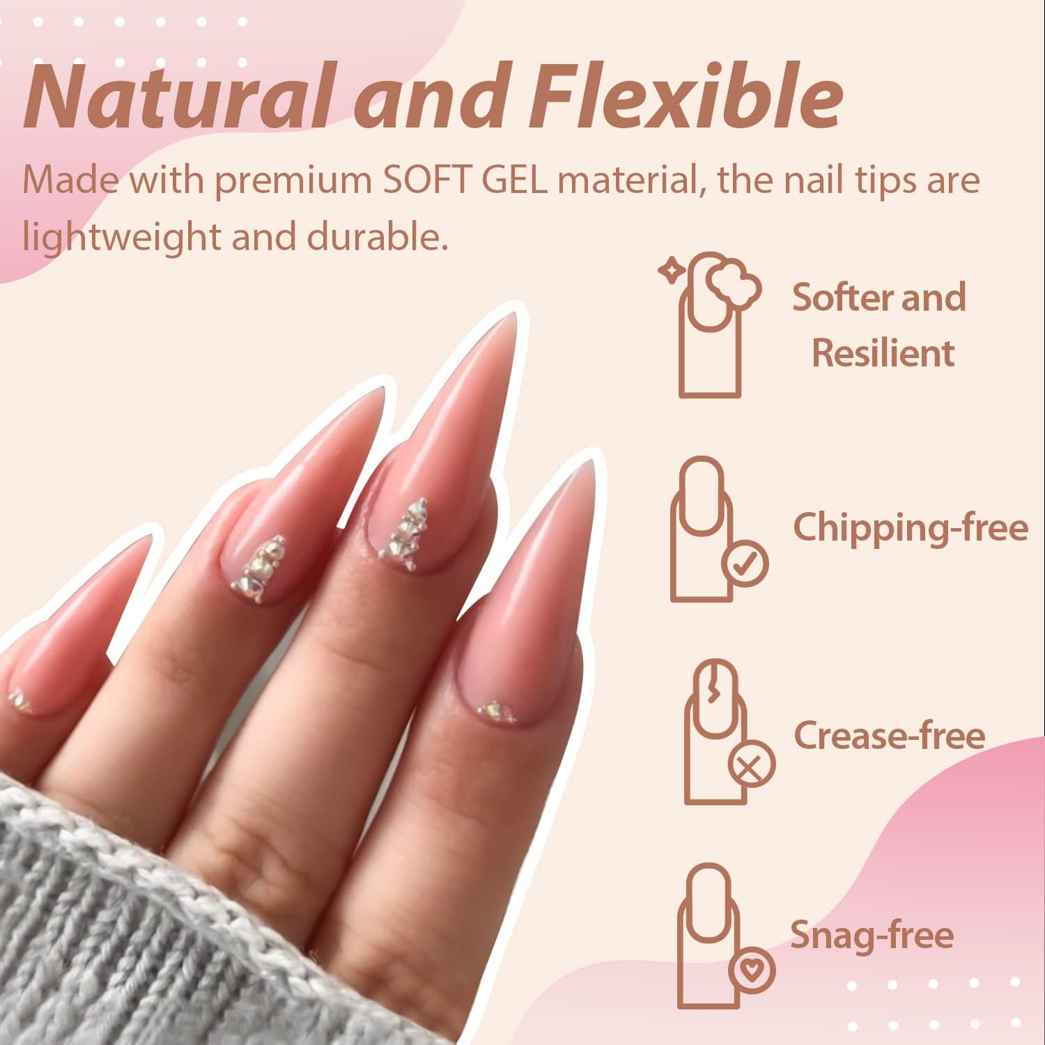 UNA GELLA clear stiletto tips demonstrate seamless, natural-looking nail extensions.