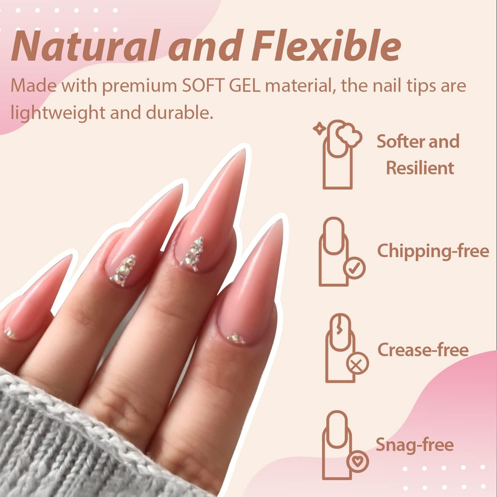 UNA GELLA clear stiletto tips demonstrate seamless, natural-looking nail extensions.