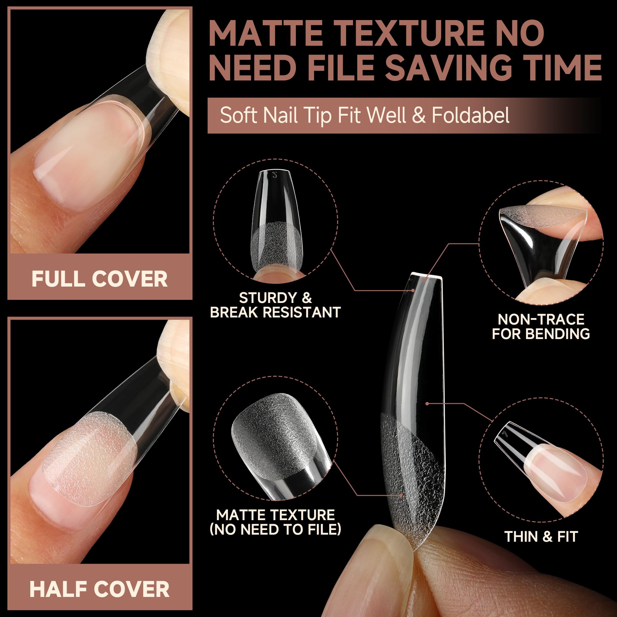 UNA GELLA coffin tips thin back edge flat C-curve closeup, fits natural nails comfortably.