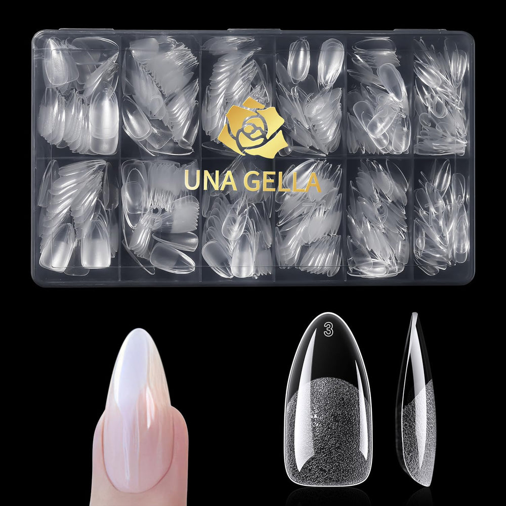 UNA GELLA easy application pre-shaped tips save time during home manicure sessions.
